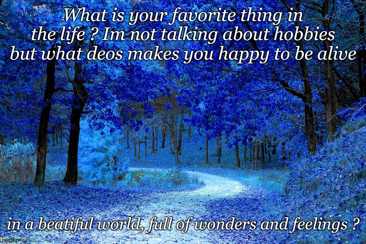 I wanna know what people love. Ik im in my nostalgic period. | What is your favorite thing in the life ? Im not talking about hobbies but what deos makes you happy to be alive; in a beatiful world, full of wonders and feelings ? | image tagged in road in autumn,nostalgia,life | made w/ Imgflip meme maker