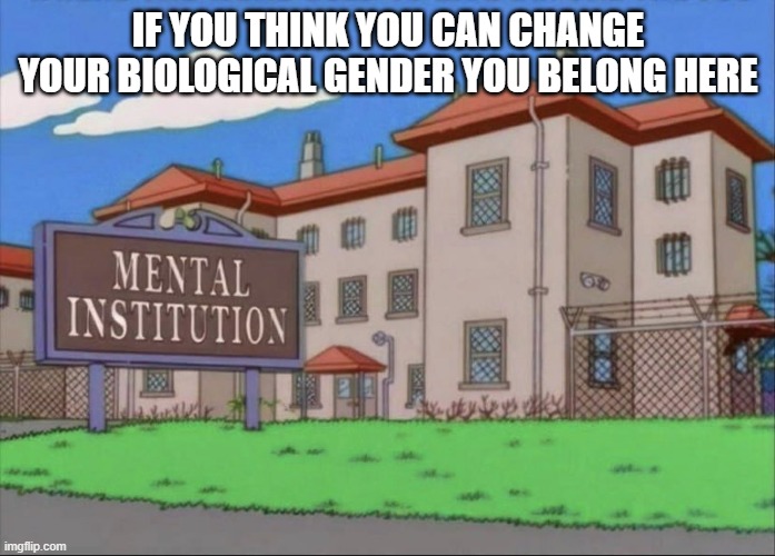 Mental institution | IF YOU THINK YOU CAN CHANGE YOUR BIOLOGICAL GENDER YOU BELONG HERE | image tagged in mental institution,trans,transgender | made w/ Imgflip meme maker