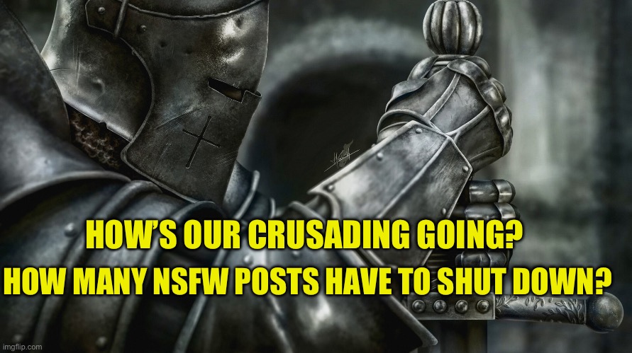 How are my soldiers doing? | HOW MANY NSFW POSTS HAVE TO SHUT DOWN? HOW’S OUR CRUSADING GOING? | image tagged in crusader battle ready,crusader | made w/ Imgflip meme maker