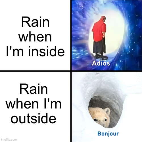 Oops I miscounted. This is meme #39 not 40. | Rain when I'm inside; Rain when I'm outside | image tagged in adios bonjour,rain | made w/ Imgflip meme maker