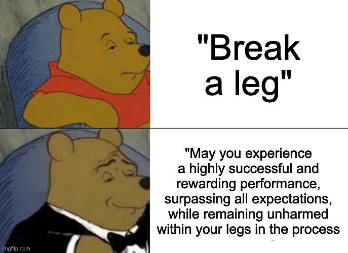 Yes. I am so very formal. | "Break a leg"; "May you experience a highly successful and rewarding performance, surpassing all expectations, while remaining unharmed within your legs in the process | image tagged in memes,tuxedo winnie the pooh,funny | made w/ Imgflip meme maker