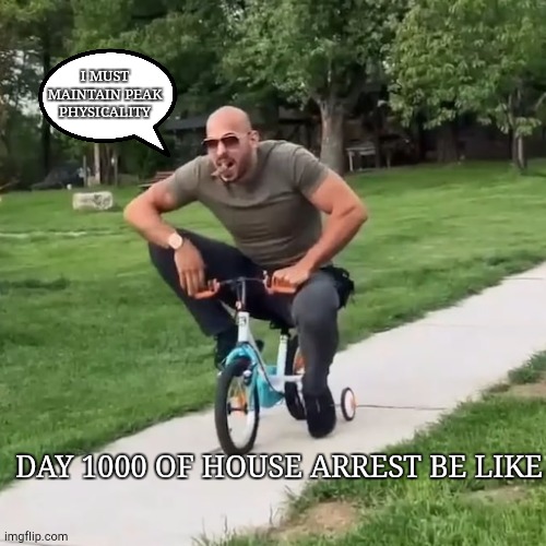 Andrew Tate Tricycle | I MUST MAINTAIN PEAK PHYSICALITY; DAY 1000 OF HOUSE ARREST BE LIKE | image tagged in andrew tate tricycle | made w/ Imgflip meme maker