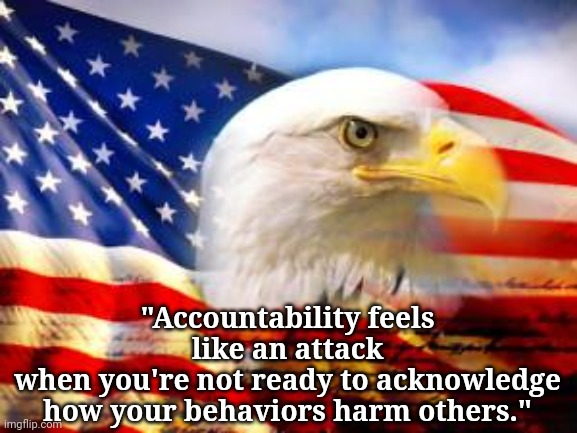 Just Sayin' ...Accountability | "Accountability feels like an attack
when you're not ready to acknowledge how your behaviors harm others." | image tagged in american flag,politicians | made w/ Imgflip meme maker