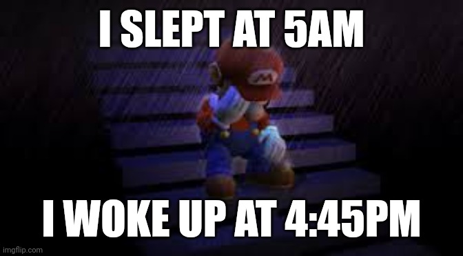 I hate myself now | I SLEPT AT 5AM; I WOKE UP AT 4:45PM | image tagged in sad mario | made w/ Imgflip meme maker