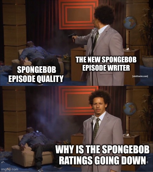 Who Killed Hannibal Meme | THE NEW SPONGEBOB EPISODE WRITER; SPONGEBOB EPISODE QUALITY; WHY IS THE SPONGEBOB RATINGS GOING DOWN | image tagged in memes,who killed hannibal,spongebob | made w/ Imgflip meme maker