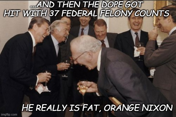 Popped by a grand jury of Floridians to boot. | ...AND THEN THE DOPE GOT HIT WITH 37 FEDERAL FELONY COUNTS; HE REALLY IS FAT, ORANGE NIXON | image tagged in memes,laughing men in suits | made w/ Imgflip meme maker