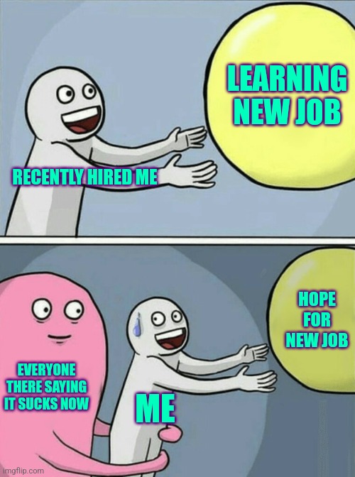 Every. Single. Time. | LEARNING NEW JOB; RECENTLY HIRED ME; HOPE FOR NEW JOB; EVERYONE THERE SAYING IT SUCKS NOW; ME | image tagged in memes,running away balloon,work,work sucks,working | made w/ Imgflip meme maker