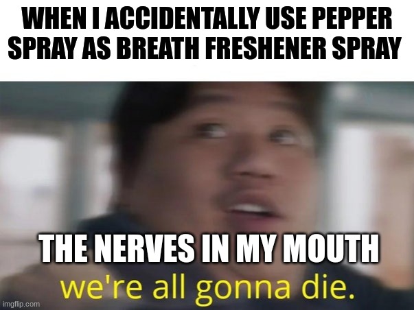 My MOOOOOOOUUUUUTTTTHHHH!!!!! | WHEN I ACCIDENTALLY USE PEPPER SPRAY AS BREATH FRESHENER SPRAY; THE NERVES IN MY MOUTH | image tagged in we're all gonna die | made w/ Imgflip meme maker