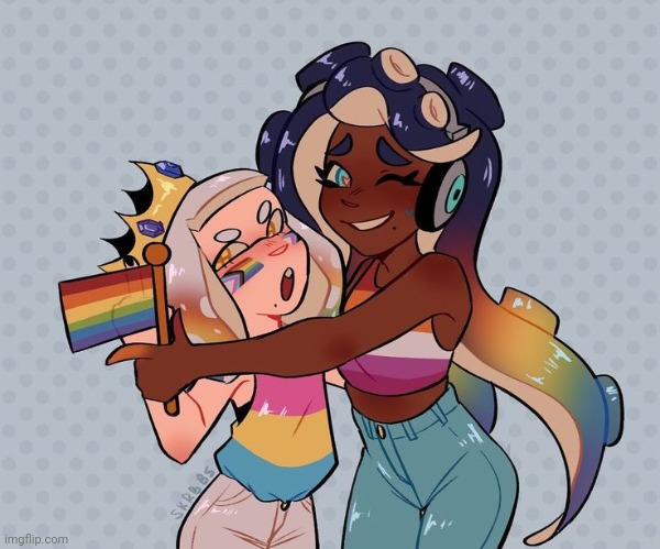 (art by skrbbs on insta) happy pride month from off the hook! | image tagged in you guys are super cool,and don't forget that,mwah mwah | made w/ Imgflip meme maker