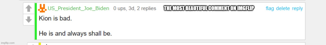 Kion is bad he is and always shall be | THE MOST BEAUTIFUL COMMENT ON IMGFLIP | image tagged in kion is bad he is and always shall be | made w/ Imgflip meme maker