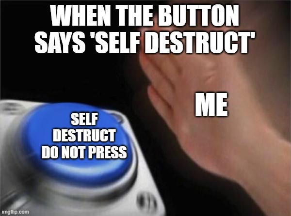 Self Destruct Button | WHEN THE BUTTON SAYS 'SELF DESTRUCT'; ME; SELF DESTRUCT
DO NOT PRESS | image tagged in memes,blank nut button | made w/ Imgflip meme maker