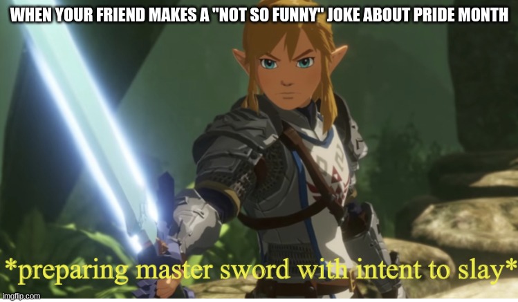 Preparing master sword with intent to slay | WHEN YOUR FRIEND MAKES A "NOT SO FUNNY" JOKE ABOUT PRIDE MONTH | image tagged in preparing master sword with intent to slay | made w/ Imgflip meme maker