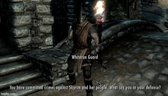 You have committed crimes against Skyrim and her people | image tagged in you have committed crimes against skyrim and her people | made w/ Imgflip meme maker