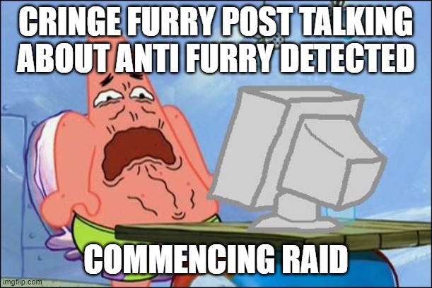 Raid them for saying anti furry are bad! | CRINGE FURRY POST TALKING ABOUT ANTI FURRY DETECTED; COMMENCING RAID | image tagged in patrick star cringing | made w/ Imgflip meme maker