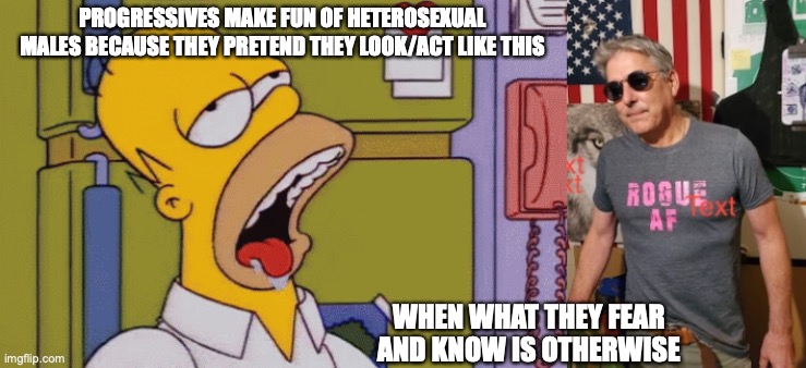 homer as heterosexual man | PROGRESSIVES MAKE FUN OF HETEROSEXUAL MALES BECAUSE THEY PRETEND THEY LOOK/ACT LIKE THIS; WHEN WHAT THEY FEAR AND KNOW IS OTHERWISE | image tagged in gregorbo13,the rogue way,male,funny memes | made w/ Imgflip meme maker