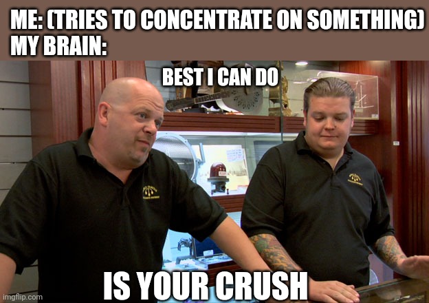 Crush | ME: (TRIES TO CONCENTRATE ON SOMETHING)
MY BRAIN:; BEST I CAN DO; IS YOUR CRUSH | image tagged in pawn stars best i can do,love | made w/ Imgflip meme maker