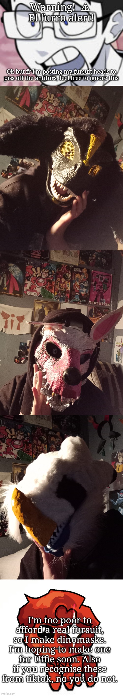 Mangle was my very first one. I made her when I was 12, please don't judge that one. | Warning!  ⚠ 
El furro alert! Ok but fr I'm posting my fursuit heads to piss off the antifurs, feel free to ignore this; I'm too poor to afford a real fursuit, so I make dinomasks. I'm hoping to make one for Uffie soon. Also if you recognise these from tiktok, no you do not. | image tagged in qhar | made w/ Imgflip meme maker