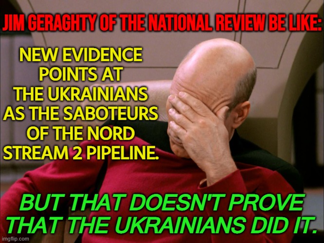 But that doesn't prove that the Ukrainians did it. | NEW EVIDENCE POINTS AT THE UKRAINIANS AS THE SABOTEURS OF THE NORD STREAM 2 PIPELINE. JIM GERAGHTY OF THE NATIONAL REVIEW BE LIKE:; BUT THAT DOESN'T PROVE THAT THE UKRAINIANS DID IT. | image tagged in face palm large | made w/ Imgflip meme maker