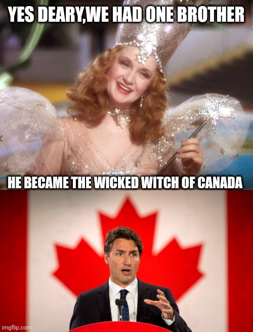 YES DEARY,WE HAD ONE BROTHER; HE BECAME THE WICKED WITCH OF CANADA | image tagged in glinda good witch wizard of oz,justin trudeau | made w/ Imgflip meme maker