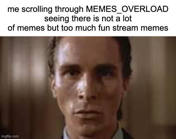 Patrick Bateman staring | me scrolling through MEMES_OVERLOAD seeing there is not a lot of memes but too much fun stream memes | image tagged in patrick bateman staring | made w/ Imgflip meme maker