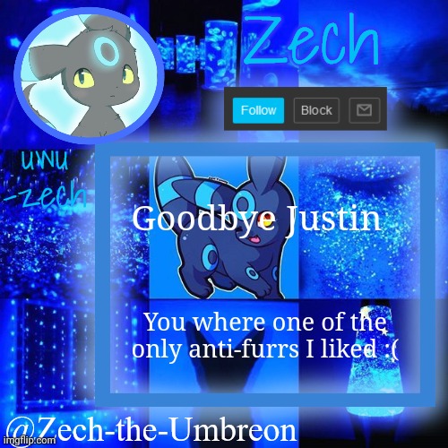zech-the-umbreon announcement | Goodbye Justin; You where one of the only anti-furrs I liked :( | image tagged in zech-the-umbreon announcement | made w/ Imgflip meme maker