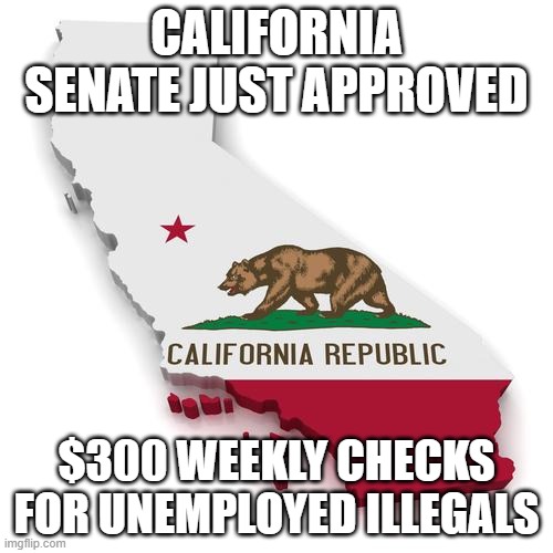 third world State. | CALIFORNIA SENATE JUST APPROVED; $300 WEEKLY CHECKS FOR UNEMPLOYED ILLEGALS | image tagged in california,communist,illegals,unemployed | made w/ Imgflip meme maker