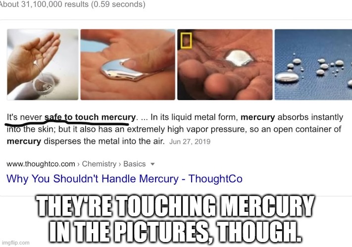 THEY'RE TOUCHING MERCURY IN THE PICTURES, THOUGH. | image tagged in google search,mercury,touch | made w/ Imgflip meme maker