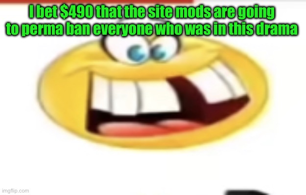 Happy yet cursed | I bet $490 that the site mods are going to perma ban everyone who was in this drama | image tagged in happy yet cursed | made w/ Imgflip meme maker