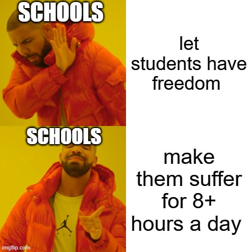 I'm always hyped for summer | SCHOOLS; let students have freedom; SCHOOLS; make them suffer for 8+ hours a day | image tagged in memes,drake hotline bling,school,school sucks,bad,teachers | made w/ Imgflip meme maker