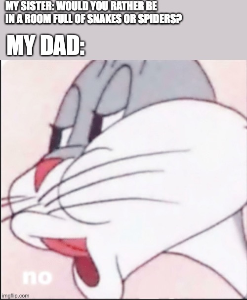 Thanks sister for saying such a memeable thing! | MY SISTER: WOULD YOU RATHER BE IN A ROOM FULL OF SNAKES OR SPIDERS? MY DAD: | image tagged in bugs bunny no,sister,would you rather,dad,funny,comeback | made w/ Imgflip meme maker