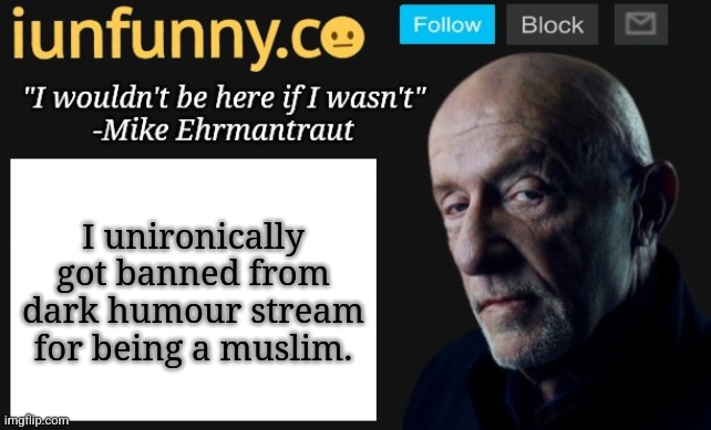 ima tell you more in comments | I unironically got banned from dark humour stream for being a muslim. | image tagged in iunfunny's mike ehrmantraut template | made w/ Imgflip meme maker