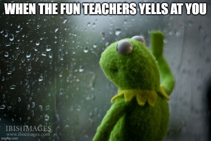 kermit window | WHEN THE FUN TEACHERS YELLS AT YOU | image tagged in kermit window | made w/ Imgflip meme maker