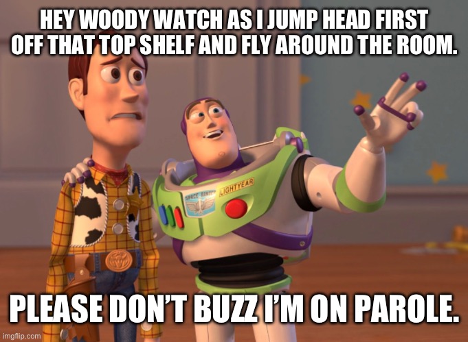 HEY WOODY WATCH AS I JUMP HEAD FIRST OFF THAT TOP SHELF AND FLY AROUND THE ROOM. PLEASE DON’T BUZZ I’M ON PAROLE. | image tagged in trouble | made w/ Imgflip meme maker