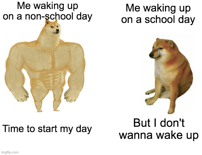 Who can relate? | Me waking up on a non-school day; Me waking up on a school day; Time to start my day; But I don't wanna wake up | image tagged in memes,buff doge vs cheems | made w/ Imgflip meme maker