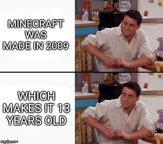*Shocked old man noises* | MINECRAFT WAS MADE IN 2009; WHICH MAKES IT 13 YEARS OLD | image tagged in comprehending joey,minecraft,old | made w/ Imgflip meme maker
