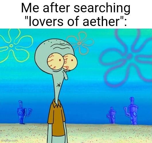 Never search this | Me after searching "lovers of aether": | image tagged in scared squidward,gaming | made w/ Imgflip meme maker