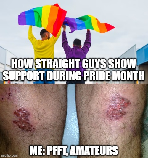 lets celebrate pride month | HOW STRAIGHT GUYS SHOW SUPPORT DURING PRIDE MONTH; ME: PFFT, AMATEURS | image tagged in lbgtq,gay pride,gay jokes,stupid people,funny memes,pride month | made w/ Imgflip meme maker