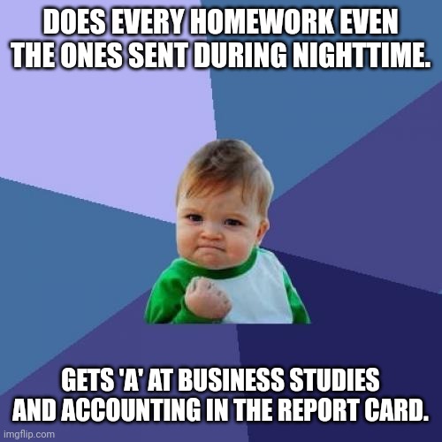Success Kid | DOES EVERY HOMEWORK EVEN THE ONES SENT DURING NIGHTTIME. GETS 'A' AT BUSINESS STUDIES AND ACCOUNTING IN THE REPORT CARD. | image tagged in memes,report,card | made w/ Imgflip meme maker