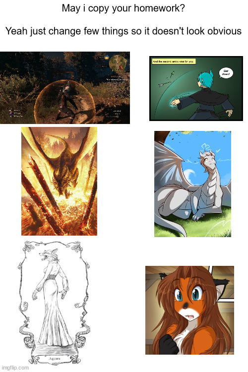 (Magma Note: Artists credited in comments) | May i copy your homework?
 
Yeah just change few things so it doesn't look obvious | image tagged in blank white template,memes,twokinds,the witcher,furry memes | made w/ Imgflip meme maker