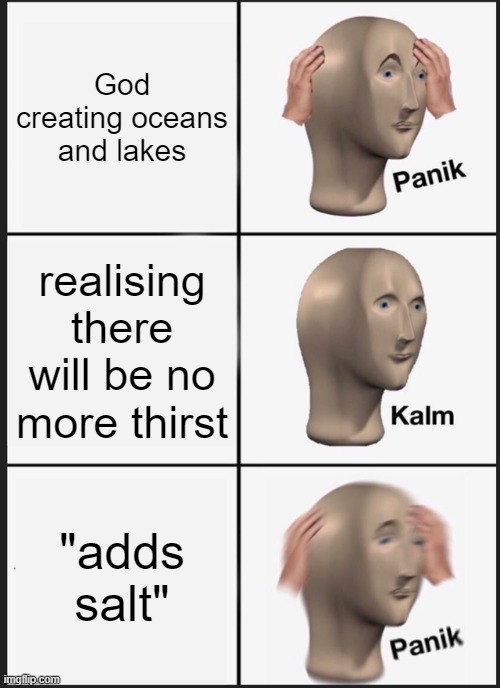 bruh | God creating oceans and lakes; realising there will be no more thirst; "adds salt" | image tagged in memes,panik kalm panik | made w/ Imgflip meme maker