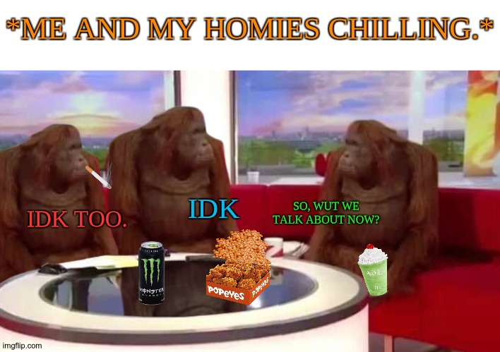 Chill pill | *ME AND MY HOMIES CHILLING.*; IDK; SO, WUT WE TALK ABOUT NOW? IDK TOO. | image tagged in where monkey,homies | made w/ Imgflip meme maker