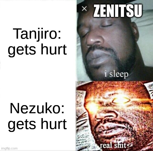 Sleeping Shaq | ZENITSU; Tanjiro: gets hurt; Nezuko: gets hurt | image tagged in memes,sleeping shaq | made w/ Imgflip meme maker