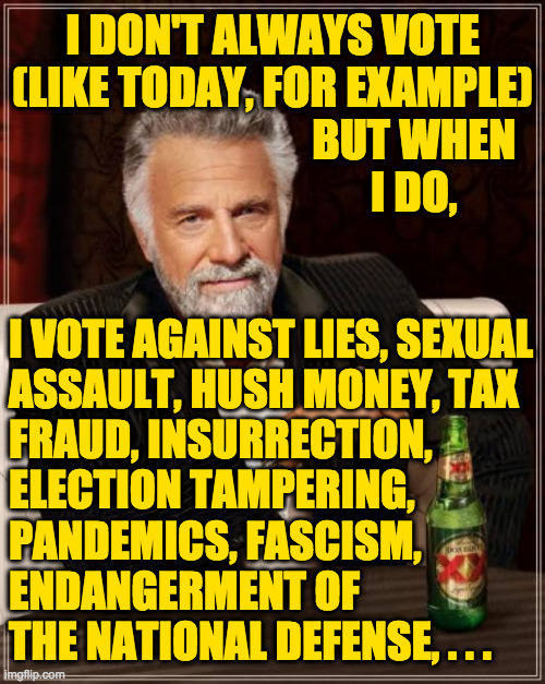 ... racism, mass shootings, book bannings, gerrymandering, scotus corruption ... | I DON'T ALWAYS VOTE
(LIKE TODAY, FOR EXAMPLE)
                                BUT WHEN
                                I DO, I VOTE AGAINST LIES, SEXUAL
ASSAULT, HUSH MONEY, TAX
FRAUD, INSURRECTION,
ELECTION TAMPERING,
PANDEMICS, FASCISM,
ENDANGERMENT OF
THE NATIONAL DEFENSE, . . . | image tagged in memes,the most interesting man in the world,trump | made w/ Imgflip meme maker