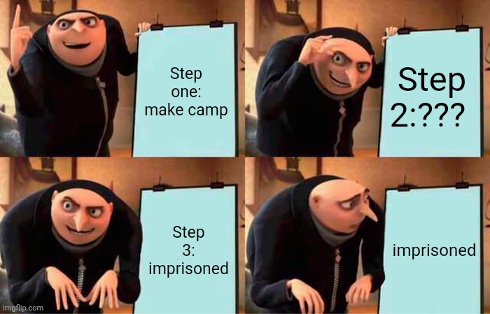 darkest time | Step one: make camp; Step 2:??? Step 3: imprisoned; imprisoned | image tagged in memes,gru's plan | made w/ Imgflip meme maker
