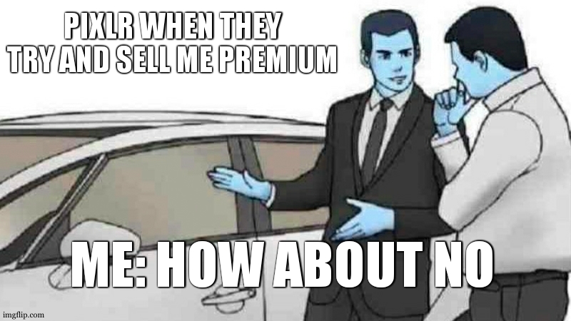 how about No | PIXLR WHEN THEY TRY AND SELL ME PREMIUM; ME: HOW ABOUT NO | image tagged in memes,car salesman slaps roof of car | made w/ Imgflip meme maker