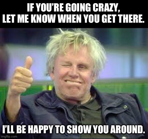 Crazy | IF YOU’RE GOING CRAZY, LET ME KNOW WHEN YOU GET THERE. I’LL BE HAPPY TO SHOW YOU AROUND. | image tagged in gary busey approves | made w/ Imgflip meme maker
