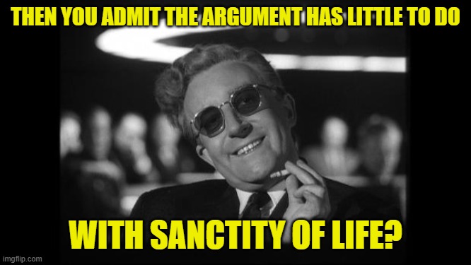 dr strangelove | THEN YOU ADMIT THE ARGUMENT HAS LITTLE TO DO WITH SANCTITY OF LIFE? | image tagged in dr strangelove | made w/ Imgflip meme maker