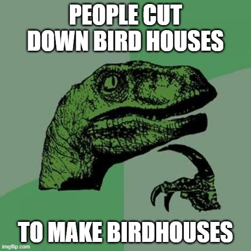 Philosoraptor | PEOPLE CUT DOWN BIRD HOUSES; TO MAKE BIRDHOUSES | image tagged in memes,philosoraptor | made w/ Imgflip meme maker