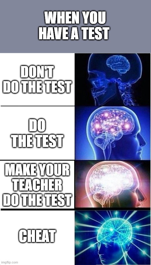 smart brain | WHEN YOU HAVE A TEST; DON'T DO THE TEST; DO THE TEST; MAKE YOUR TEACHER DO THE TEST; CHEAT | image tagged in memes,expanding brain | made w/ Imgflip meme maker