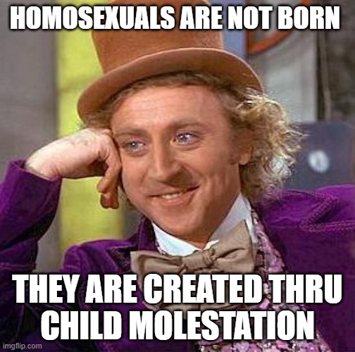 Creepy Condescending Wonka Meme | HOMOSEXUALS ARE NOT BORN; THEY ARE CREATED THRU
CHILD MOLESTATION | image tagged in memes,creepy condescending wonka | made w/ Imgflip meme maker